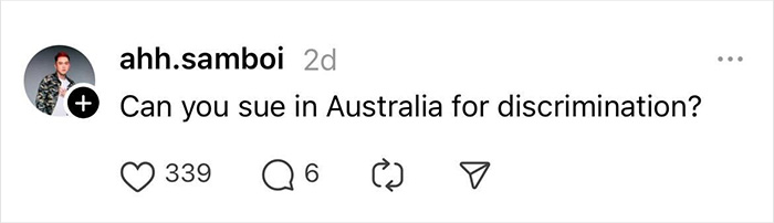Social media post questioning legal options for discrimination in Australia, highlighting concerns about rejection and fairness. Social media post questioning legal options for discrimination in Australia, highlighting concerns about rejection and fairness.