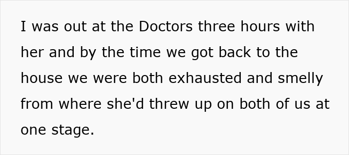 Text excerpt describing a family experience with blacklisted local babysitters involving exhaustion and mess after a doctor's visit.