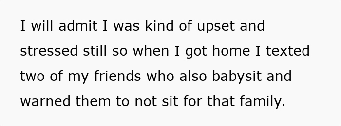 Text on a white background describing a babysitter warning friends about a family to avoid, related to family blacklisted local babysitters.