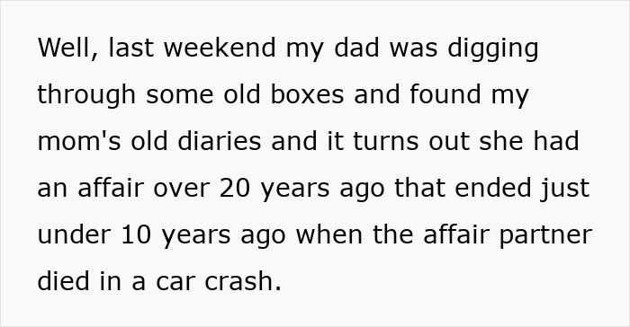 Text about a dad discovering an affair from old diaries, revealing his illegitimate son after DNA results. Text about a dad discovering an affair from old diaries, revealing his illegitimate son after DNA results.