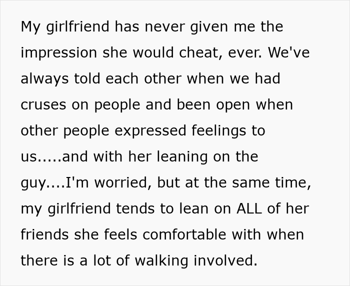 Text describing a best friend saw girlfriend another man situation, expressing worry and trust issues.
