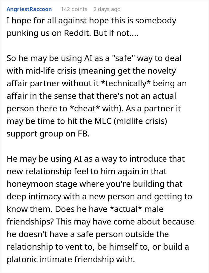 Reddit user discussing a husband falling in love with an AI and its impact on marriage and midlife crisis relationships. Reddit user discussing a husband falling in love with an AI and its impact on marriage and midlife crisis relationships.