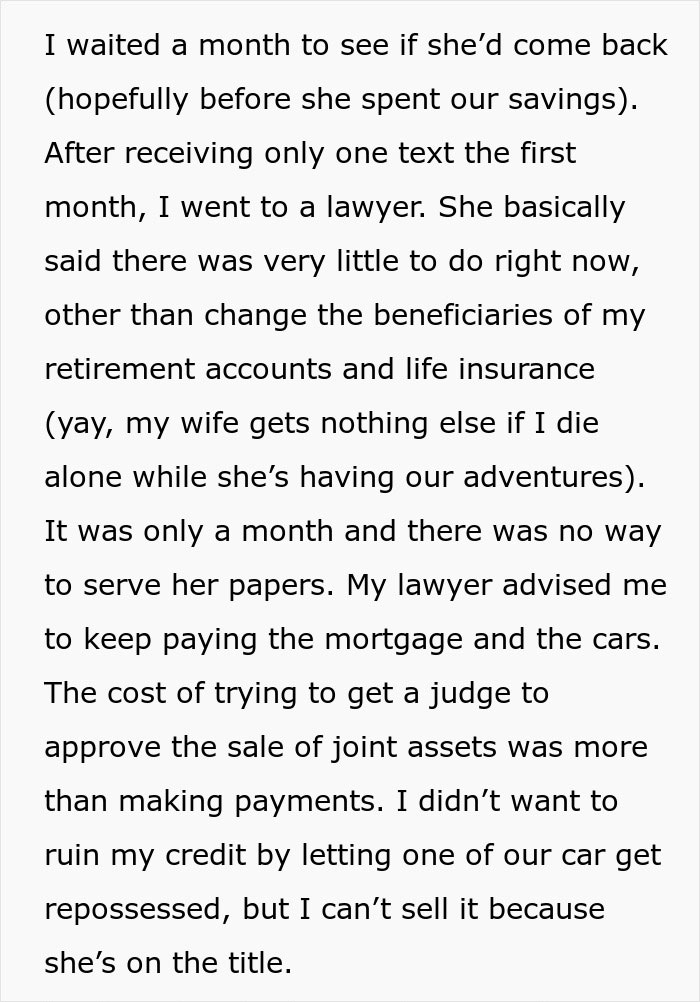 Text about woman who doesn&rsquo;t tell husband she&rsquo;s leaving to find herself and goes on their dream trip alone.