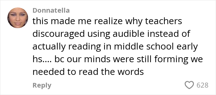 Commenter Donnatella explains why teachers discouraged using audiobooks over reading in middle school during early high school years amid literacy concerns.