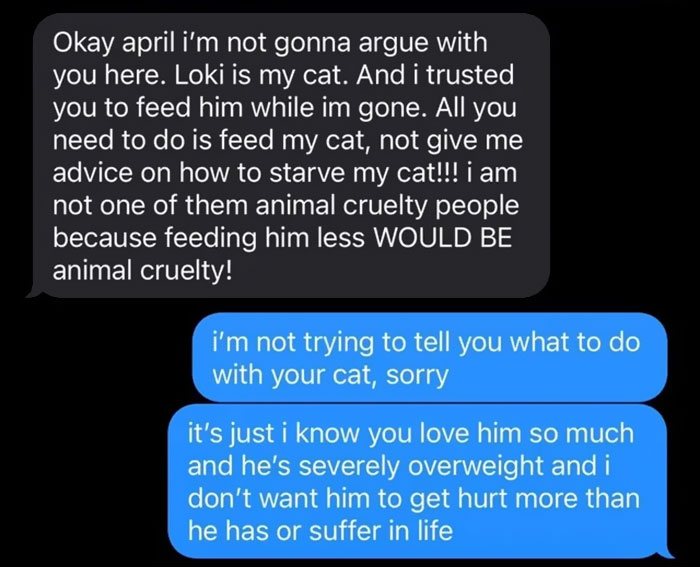 Text message conversation about a woman calling her sister out over her severely overweight cat's care and feeding. - 8