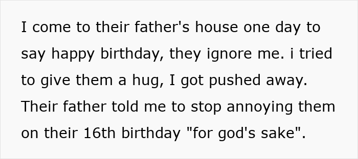 Text describing a manipulative mom and daughter drama where the mom is pushed away on their 16th birthday visit. - 5