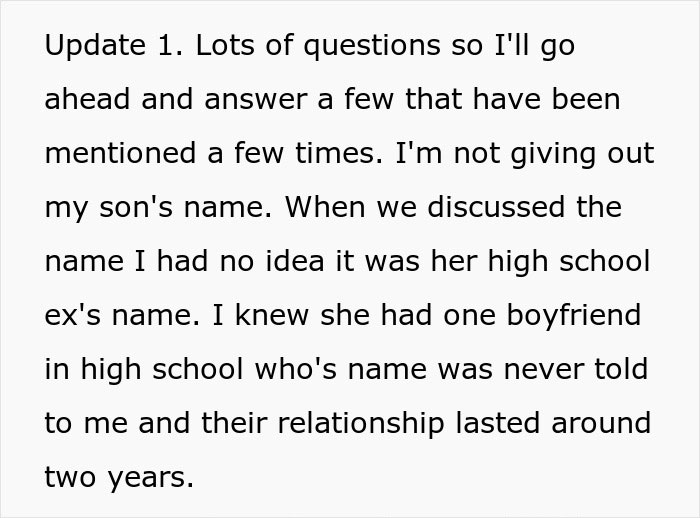 Text update explaining husband feels sick after realizing who their son is named after, discussing h**h school ex's name. - 5