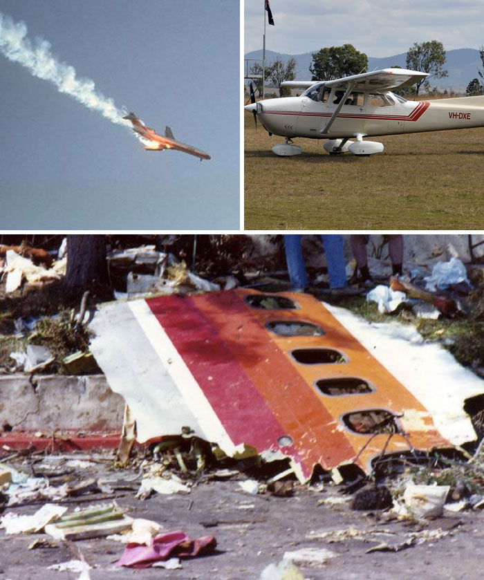 Collage showing a plane on fire in the sky, a small aircraft on the ground, and wreckage from a plane crash site.