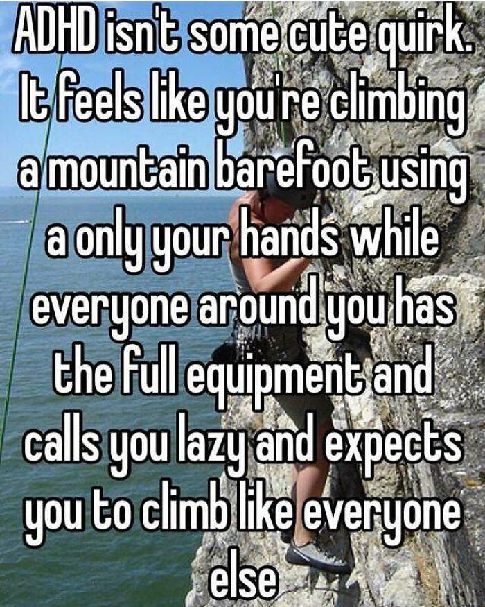 Person rock climbing near water, illustrating a metaphor about ADHD challenges relatable to neurodivergents.