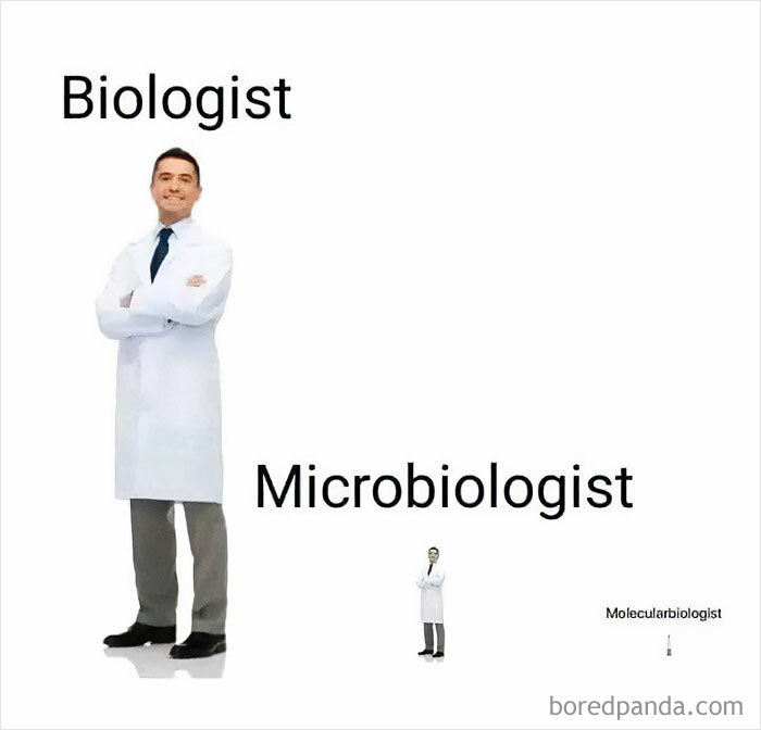 Man in white lab coat labeled biologist, smaller version labeled microbiologist, tiny version labeled molecularbiologist meme.