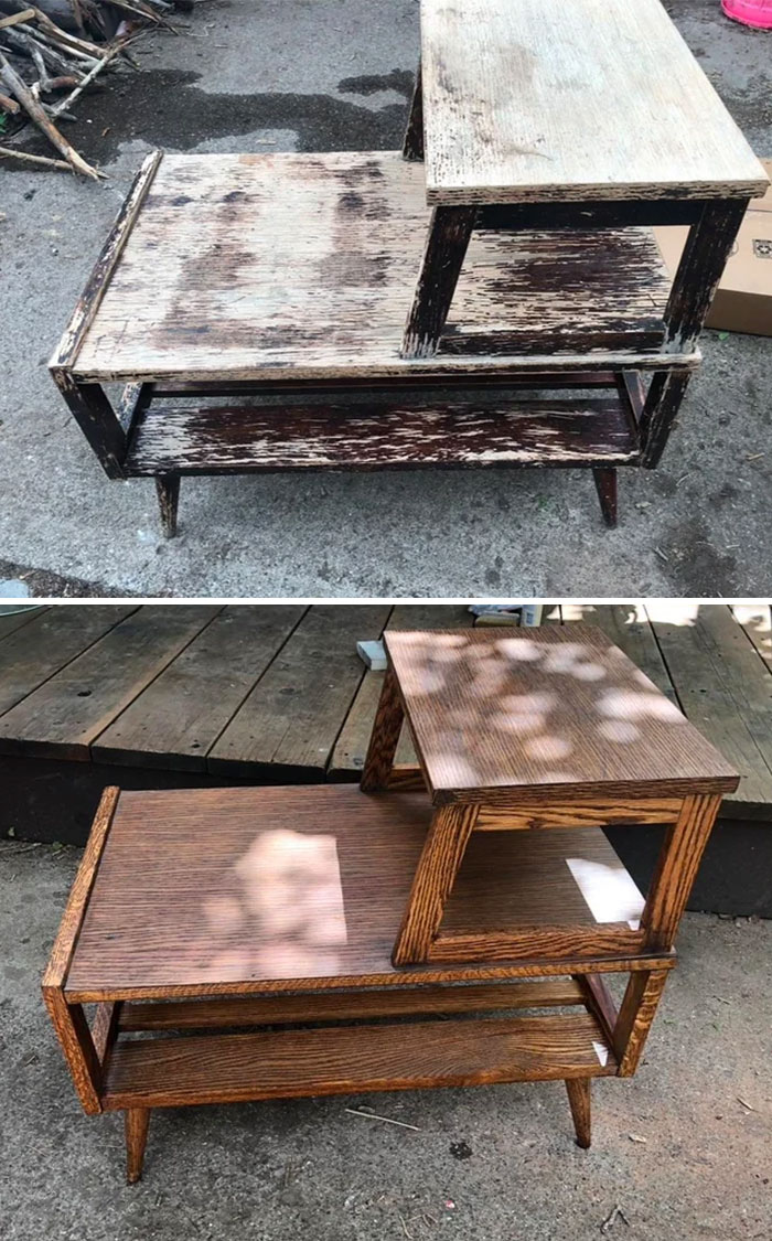 Before and after images of a furniture flipping project showing restored wooden table with polished finish.