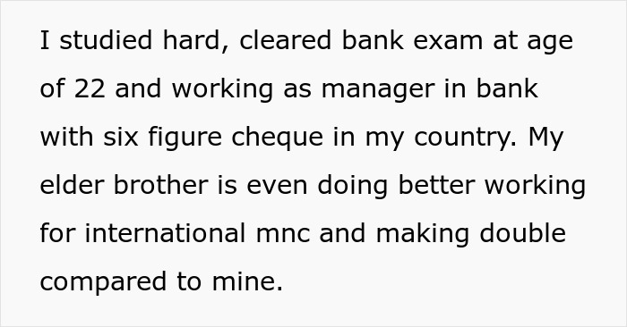 Text image showing a personal story about career success and comparison with an elder brother's international MNC job. - 4