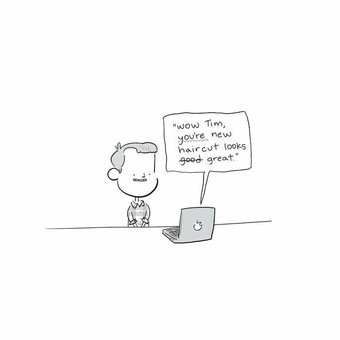 Minimalist black and white comic of a person interacting with a laptop, illustrating funny comics about arguing with the brain.