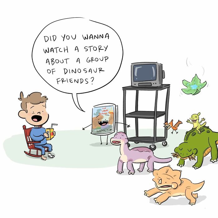 Handwritten comic title card reading watching The Land Before Time by Tim Brierley from funny comics about arguing with brain.