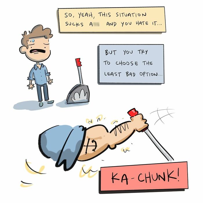 Red runaway trolley speeding down train tracks in a funny comic illustrating arguing with your own brain.