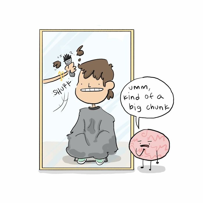 Cartoon comic showing a person being sprayed in the head by a brain character, humorous comic about arguing with brain.