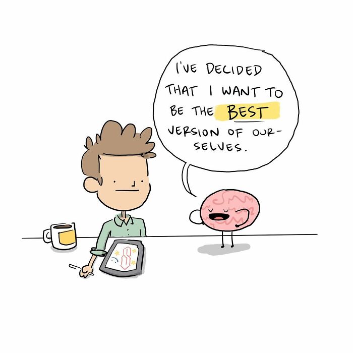 Cartoon of a person drawing with a walking brain beside them labeled walking with purpose, funny comics brain theme.