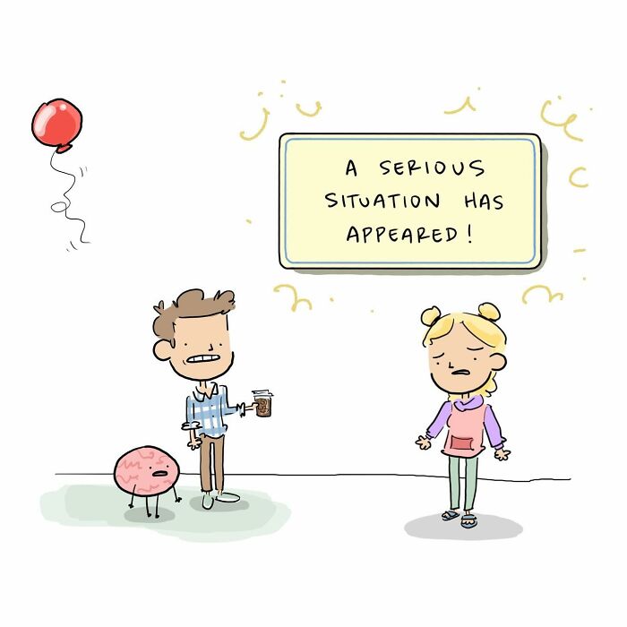 Cartoon of a man holding a smiling brain character with a balloon, illustrating funny comics about arguing with your brain.