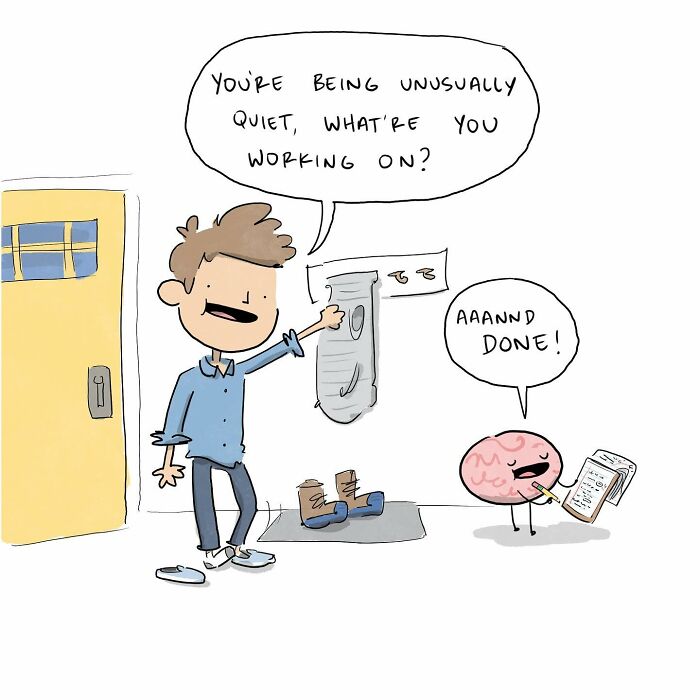 Man happily waving goodbye while a small brain with legs writes notes, illustrating funny comics about arguing with your brain.