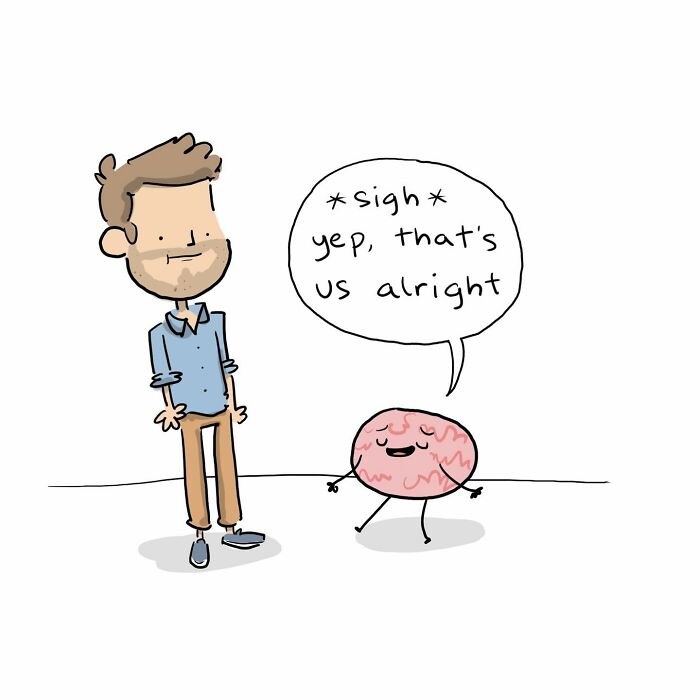 Cartoon of a man arguing with a talking brain saying we’re so easygoing, illustrating funny comics about arguing with the brain.