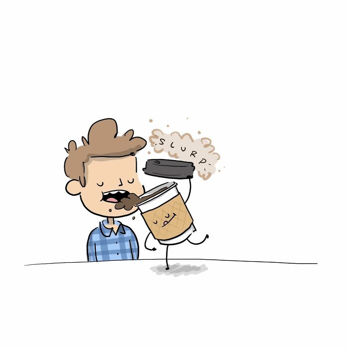 Funny comics showing a person talking to a walking coffee cup offering an energy boost in a humorous brain argument.