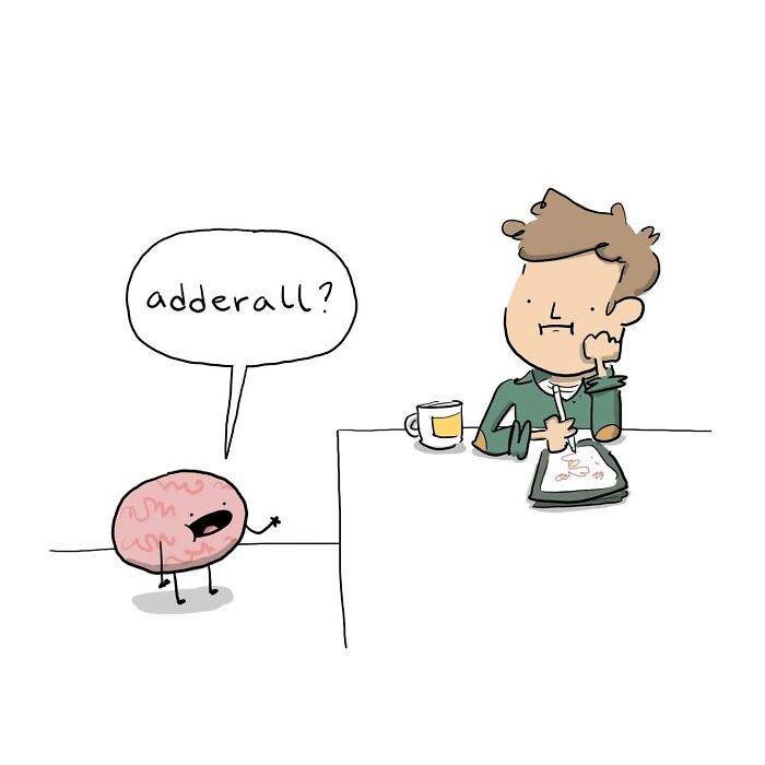 Funny comic showing a person arguing with their own brain about having more coffee at the table.