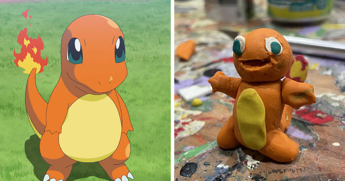 Side-by-side comparison of original Charmander character and a poorly-made favorite Pokemons clay figure on a messy table.