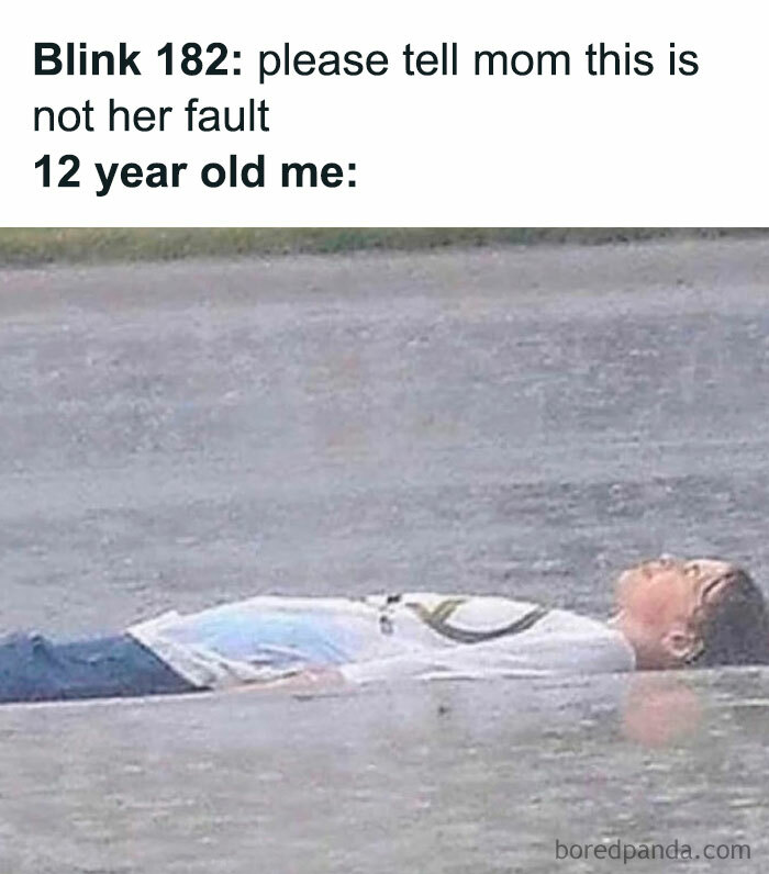 Child lying in water, reflecting nostalgia and memories for those who grew up with Tamagotchis and VHS tapes.