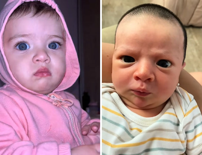 Two babies showing different expressions illustrating the new trend of women calling out their postpartum hormones.