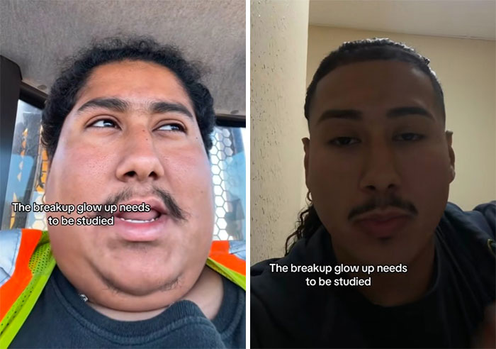 Side-by-side comparison of a man showing the breakup glow-up effect with noticeable changes in appearance and confidence.