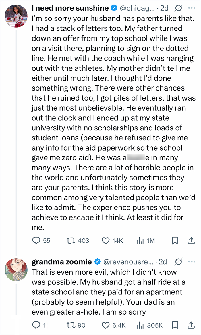 Twitter conversation about a 17-year-old athlete missing Ivy League scholarships due to parents withholding information. - 4