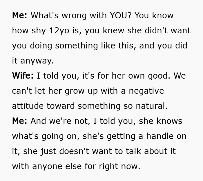 Alt text: Dialogue between parents debating the 12yo daughter's menstruation celebration and differing views on handling it. - 14