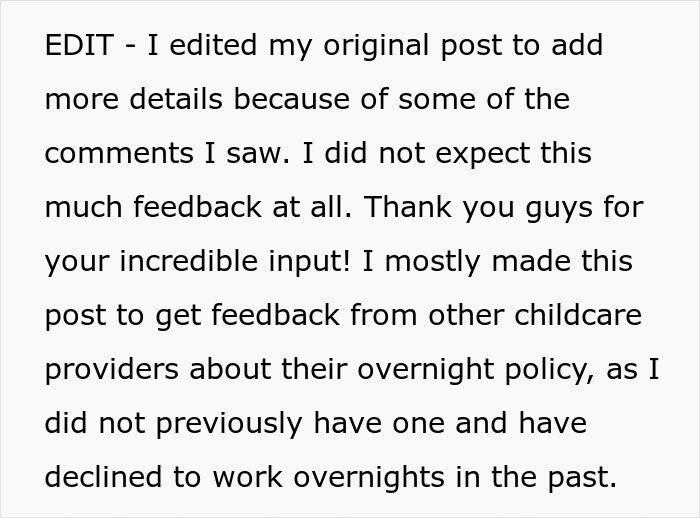 Text post about a nanny seeking feedback from childcare providers on overnight work pay and policies. - 9