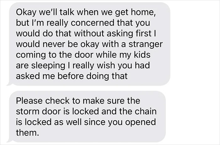 Text message expressing concern about ordering DoorDash while babysitting and ensuring door security after delivery. Text message expressing concern about ordering DoorDash while babysitting and ensuring door security after delivery.