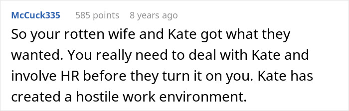 Comment discussing a jealous wife spying on her husband at work, mentioning HR and a hostile work environment.