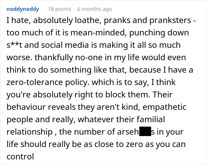 Comment expressing strong dislike for mean-spirited pranks and supporting cutting contact after a fake legal notice prank. Comment expressing strong dislike for mean-spirited pranks and supporting cutting contact after a fake legal notice prank.