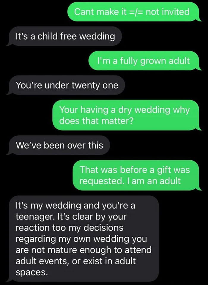 Text message exchange about woman not inviting her half-sister to her wedding due to age and expecting a gift regardless. - 3