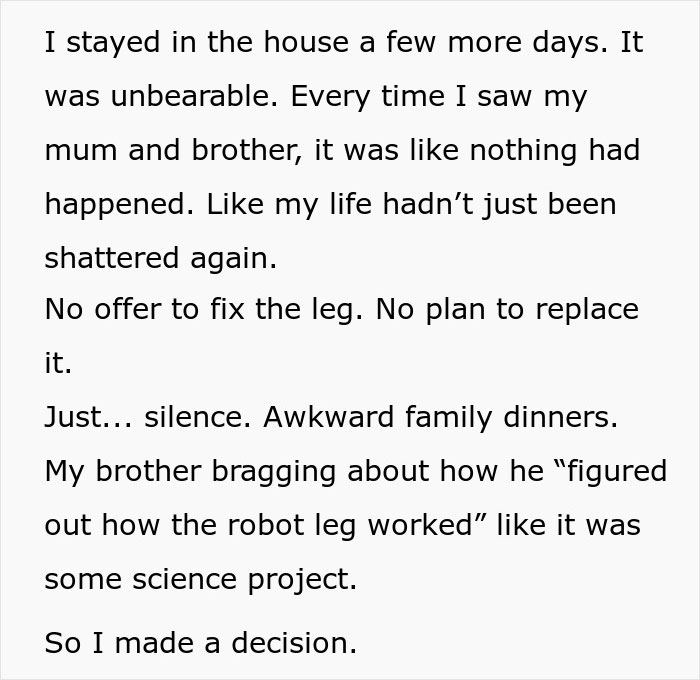 Excerpt of a girl-survives-cancer story describing her feelings about accepting a prosthetic leg and her brother's unfair behavior.