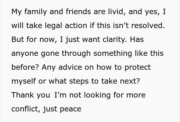 Text message about family upset and seeking advice on legal steps after bride tries to cancel guest’s resort room out of spite. - 9