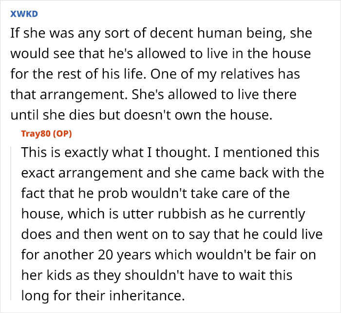 Online discussion about woman deciding to leave partner homeless after death, focusing on home living arrangements and inheritance.