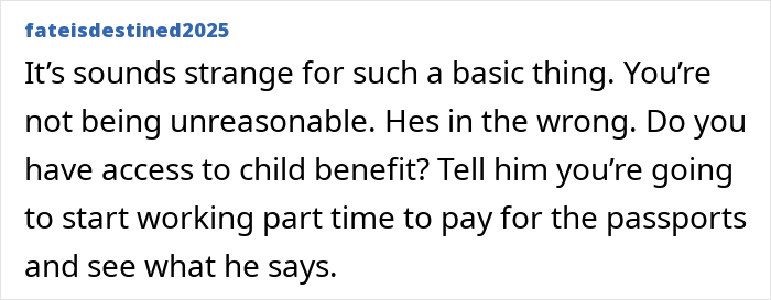 Comment mentioning husband saying wife and kids cannot have passports due to affordability, discussing child benefit and part-time work. - 45