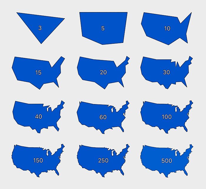 Series of blue US maps showing distorted shapes with increasing numbers, illustrating funny maps for geography humor.