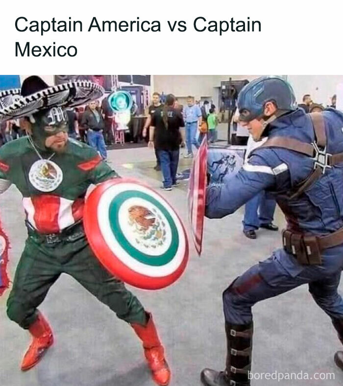 Two men dressed as Captain America and Captain Mexico in a humorous Hispanic memes cosplay battle scene.