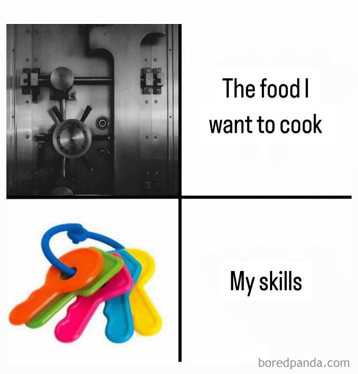 Image comparison meme showing a secure vault labeled The food I want to cook and colorful plastic keys labeled My skills, humorous chef meme.