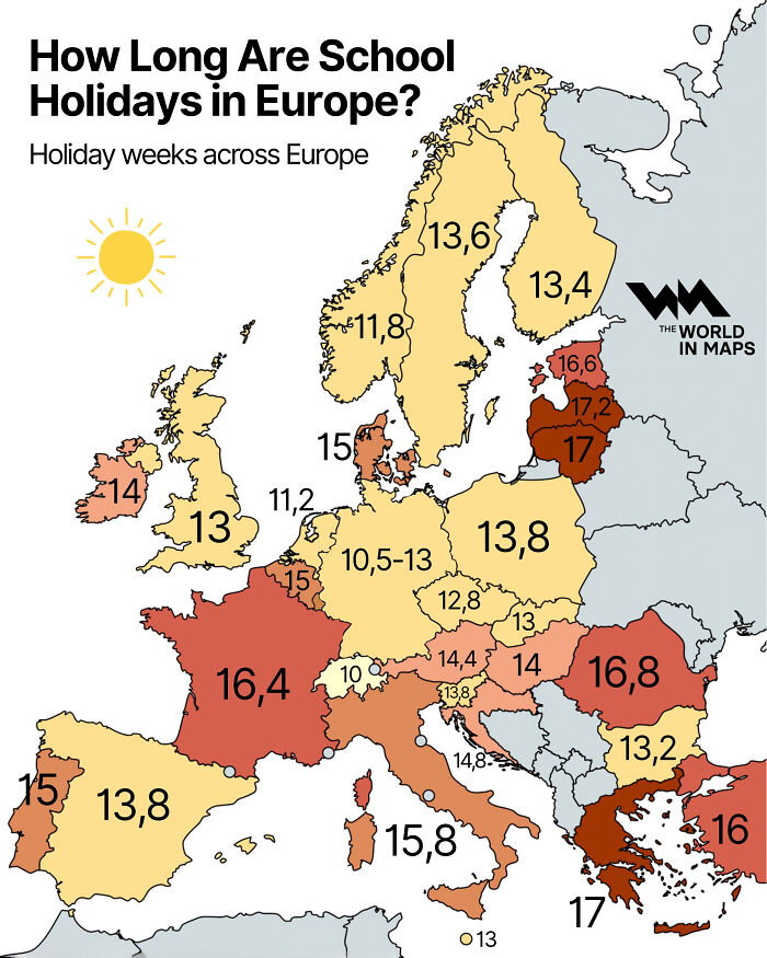 Map showing school holiday duration in weeks across Europe with color-coded data from Simon Shows You Maps.