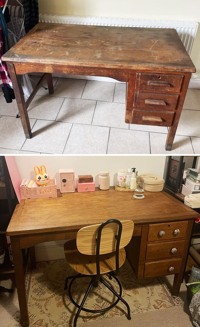 Before and after images of furniture flipping pros restoring and upgrading a wooden desk to a polished, usable workspace.