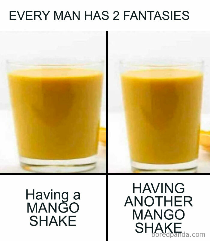 Two glasses of mango shake with text humor about men's fantasies in a nerdy and weird meme style.