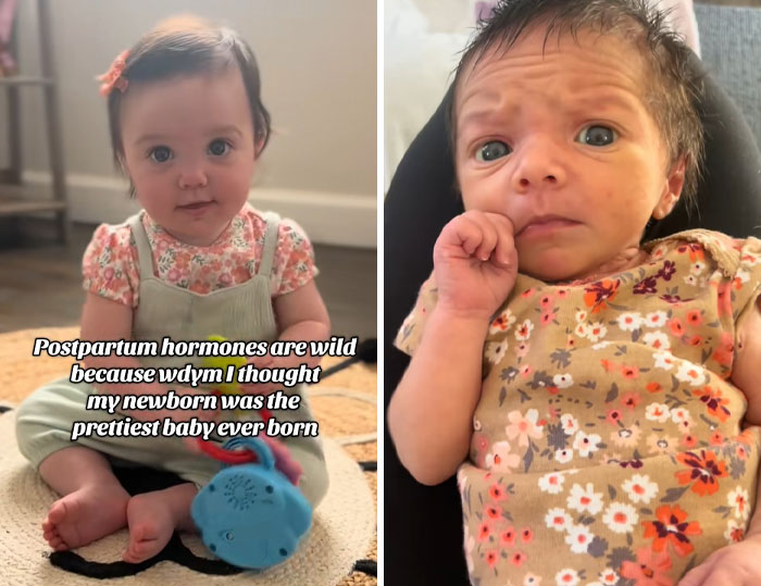 Two newborn babies in floral outfits illustrating postpartum hormones and mothers' changing perceptions.