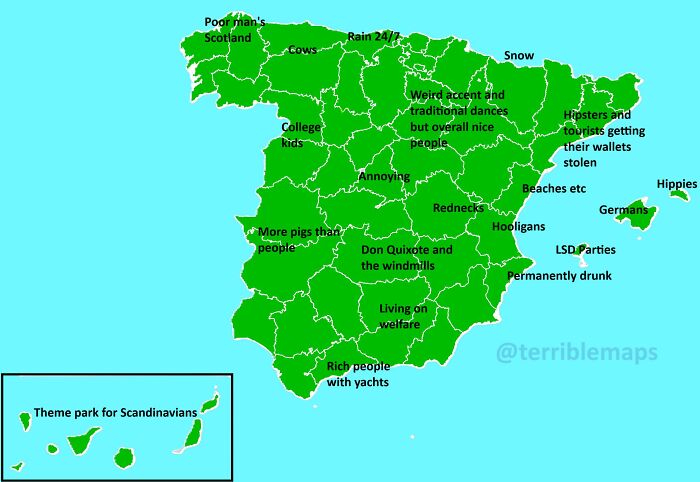 Humorous map of Spain with funny and horrible regional stereotypes not found in geography books.
