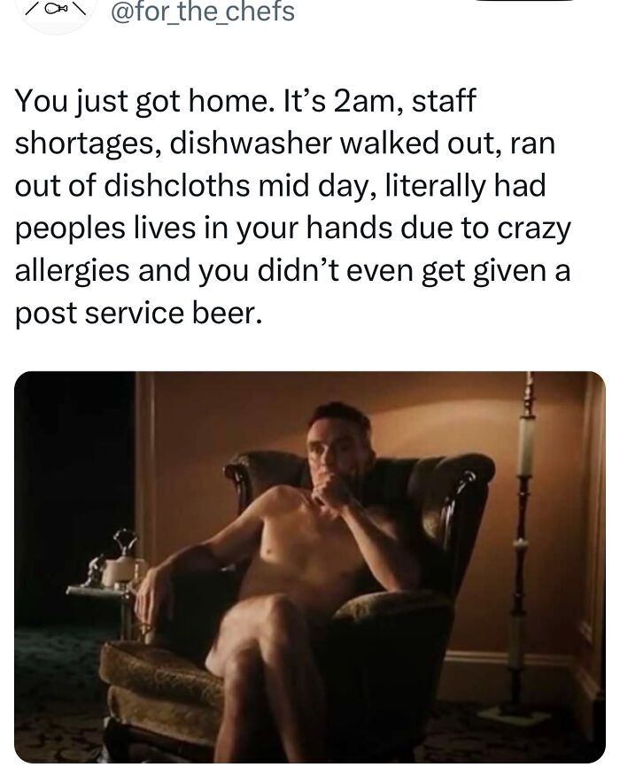 Relatable chef meme showing exhausted person in chair after a tough shift, highlighting chef humor and kitchen struggles.